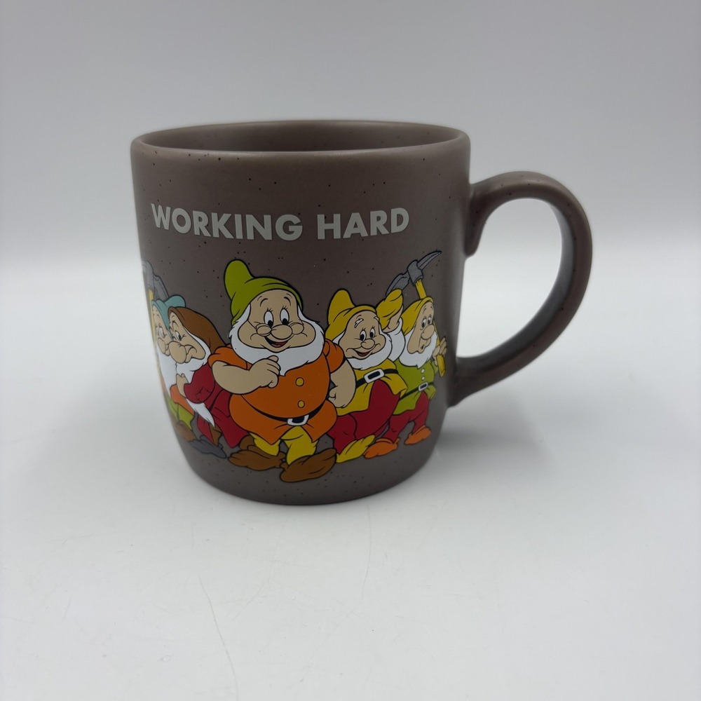 Disney Coffee Mug Brown Stoneware Snow White 7 Dwarfs Hardly Working Cup